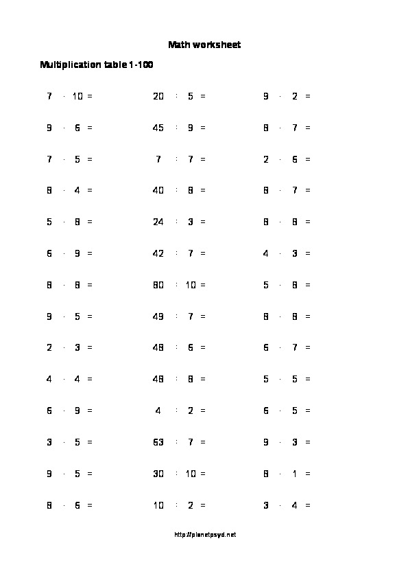Multiplication Table Worksheet With Tens Planetpsyd