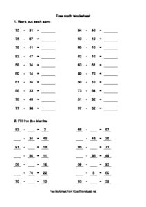 subtraction double digit missing addend math worksheet numbers one to hundred math drill pdf image 212x300 