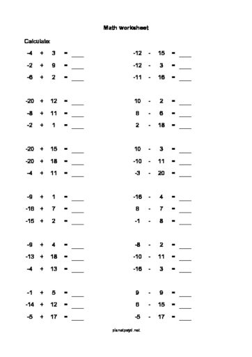 Negative numbers easy worksheet – Planetpsyd