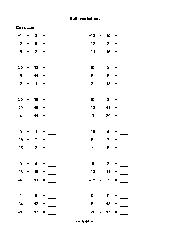 negative numbers easy worksheet planetpsyd