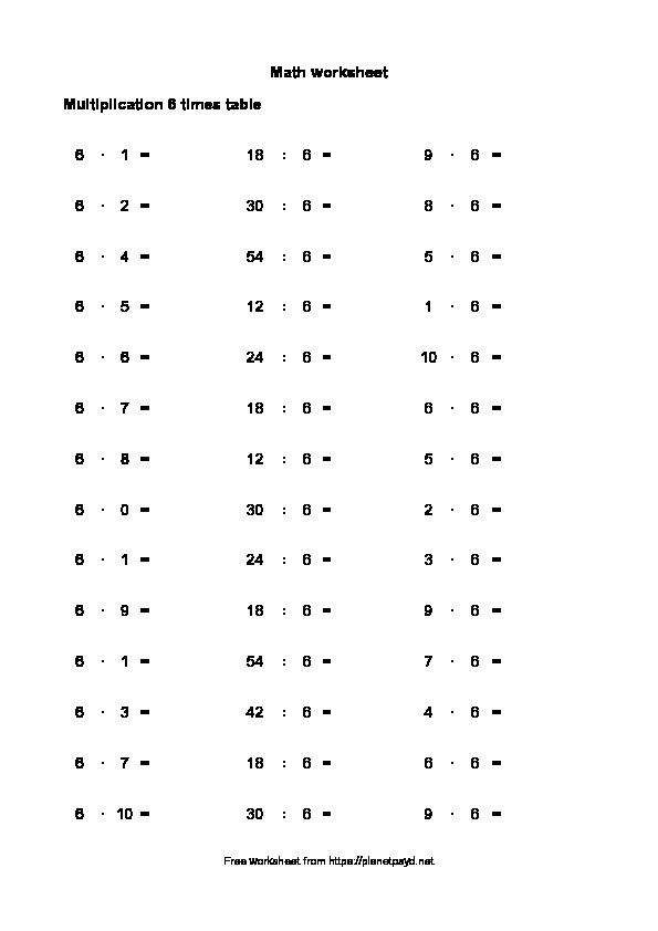 Multiplication table 6 times printable PDF worksheet