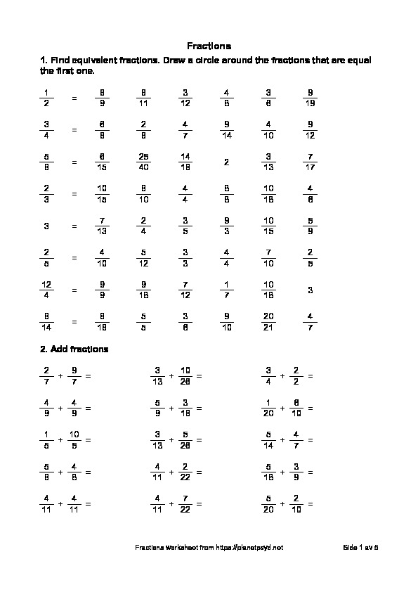 Fractions Worksheets – Addition And Find Equivalent – Planetpsyd