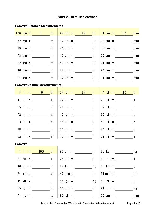 Metric conversion – 5 pages – Planet Psyd