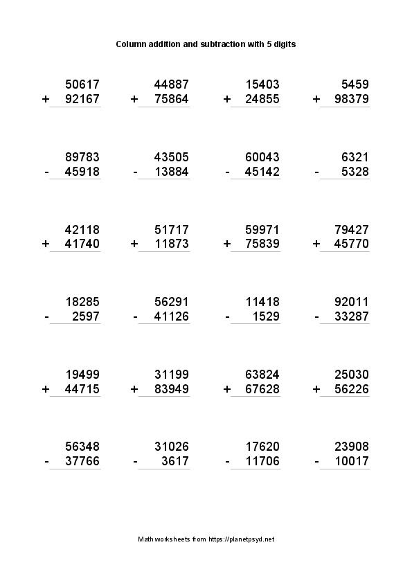 column addition and subtraction with 5 digits and regrouping planetpsyd