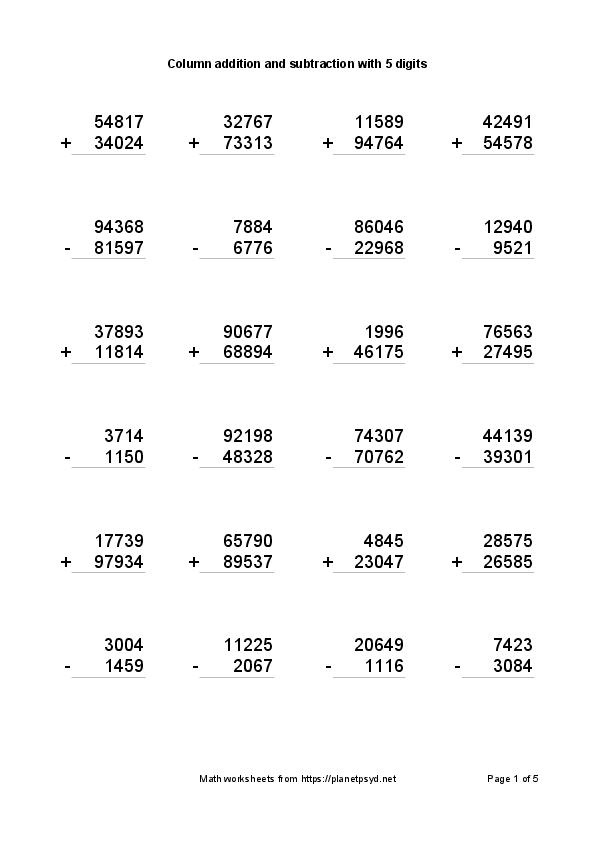 Column addition and subtraction with 5 digits and regrouping – Planetpsyd