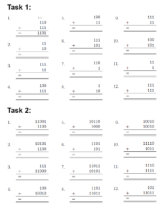 Binary addition printable PDF worksheet